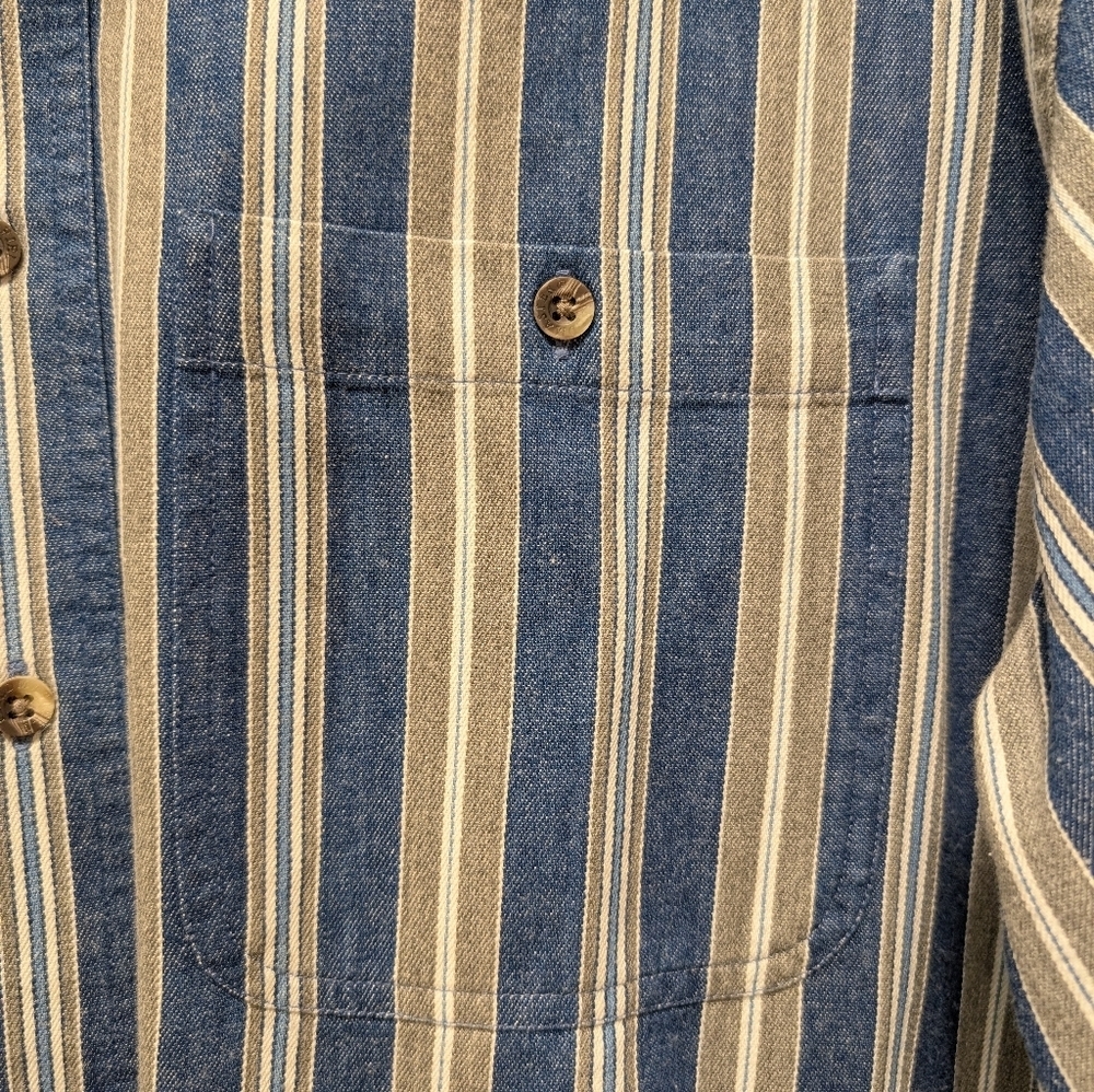 Fieldmaster Vintage Blue White and Tan Denim Striped Button Down Shirt Men's M - Picture 8 of 12